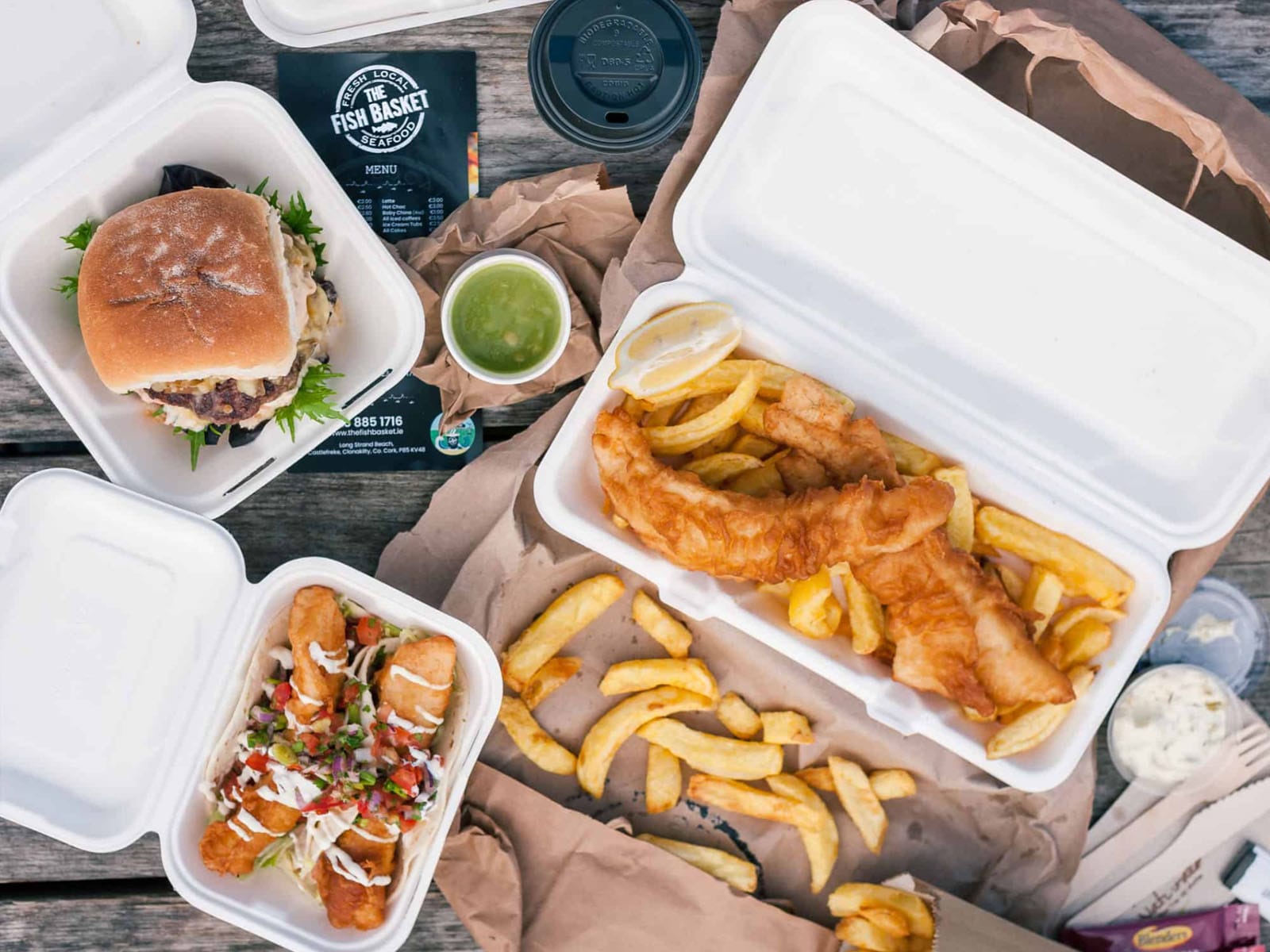Fish Basket top-down table showing fish and chips