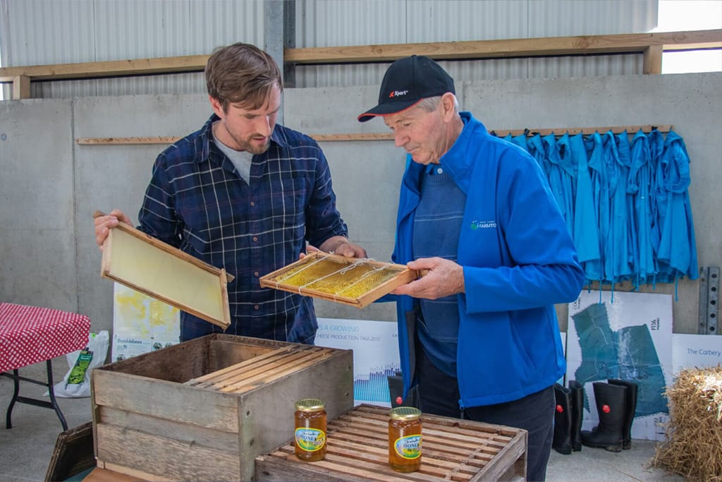 Two sustainable farmers examine honeycomb frames in a beekeeping setup, with jars of honey and supplies visible on the table nearby.